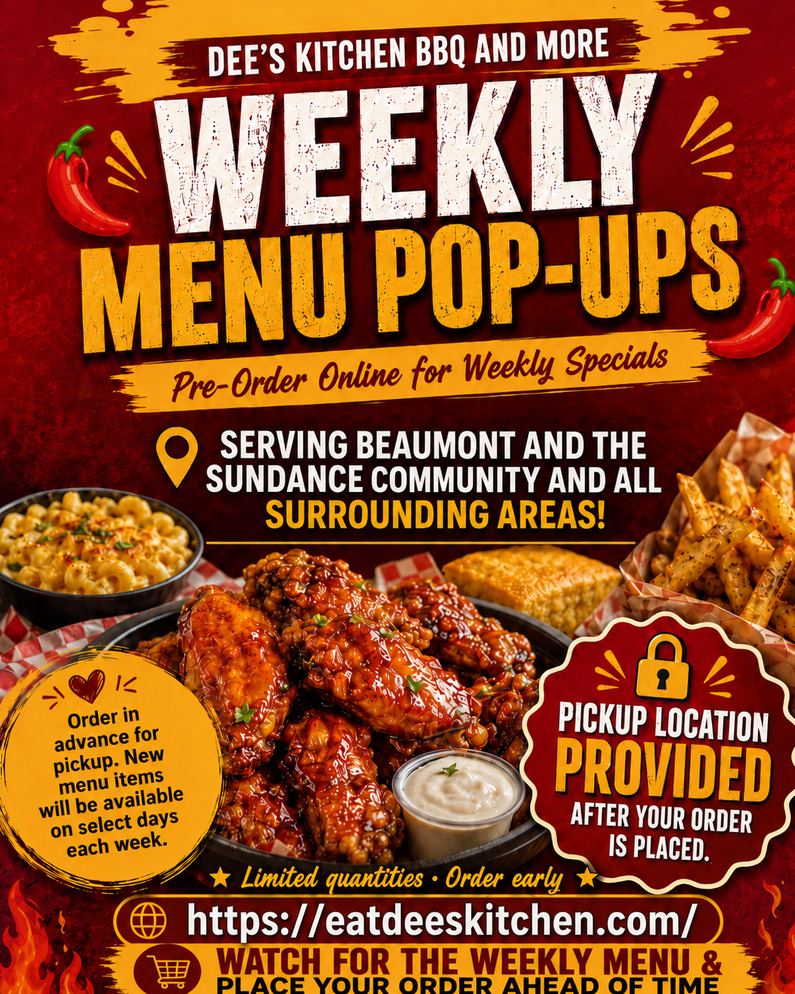Dee's Kitchen Weekly Menu Pop-Ups β Pre-Order Online for Weekly Specials, Serving the Sundance Community in Beaumont, California